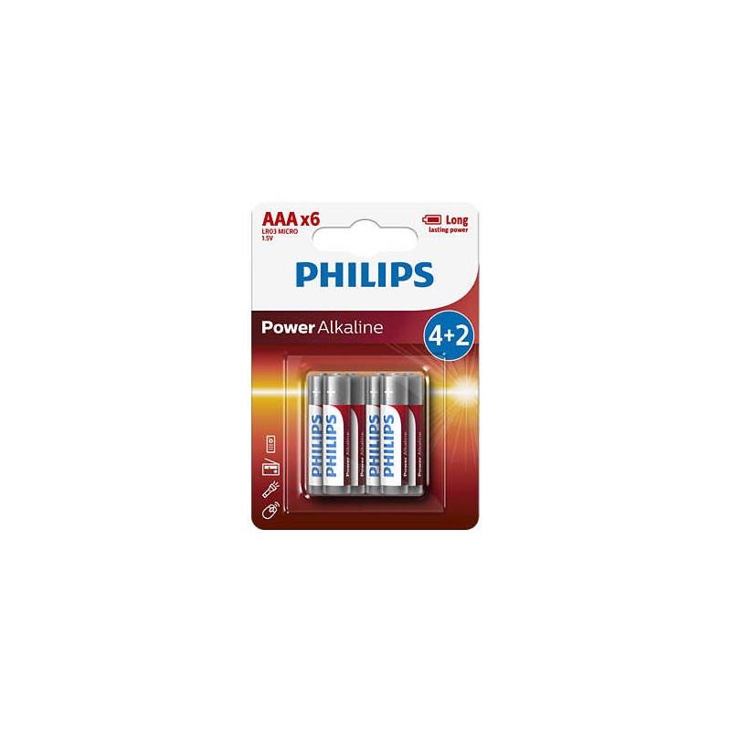 Piles Power Alkaline AAA 4LR03 1,5V 2 Blister - PHILIPS - LR03P6BP/10