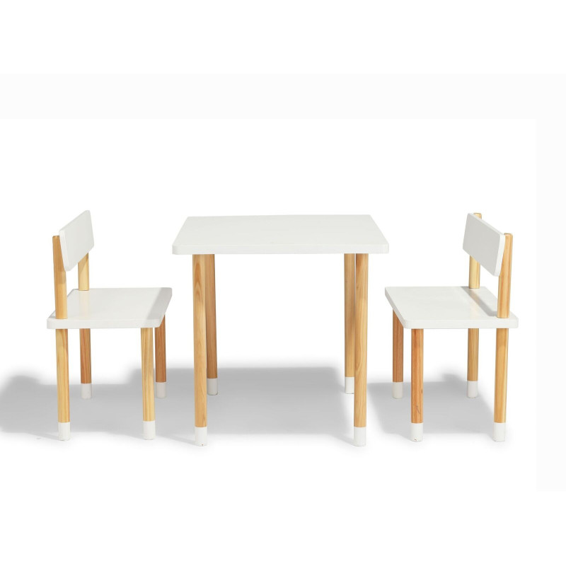 Ensemble table + 2 bancs CELIA en bois clair et blanc