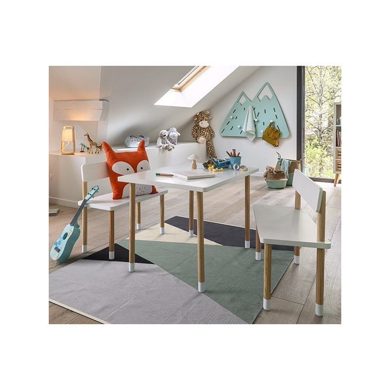 Ensemble table + 2 bancs CELIA en bois clair et blanc