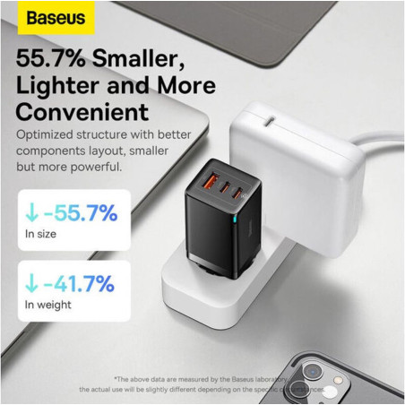 Chargeur rapide GaN5 Pro 2xUSB-C + USB 65W Noir - BASEUS - CCGP120201