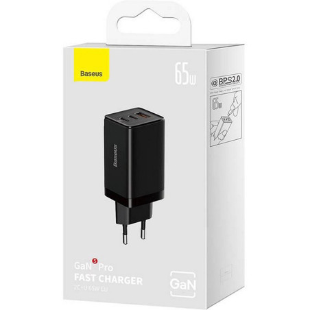 Chargeur rapide GaN5 Pro 2xUSB-C + USB 65W Noir - BASEUS - CCGP120201