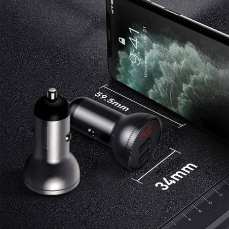 Chargeur de voiture 2x USB 4.8A 24W avec LCD Gris - BASEUS - CCBX-0G