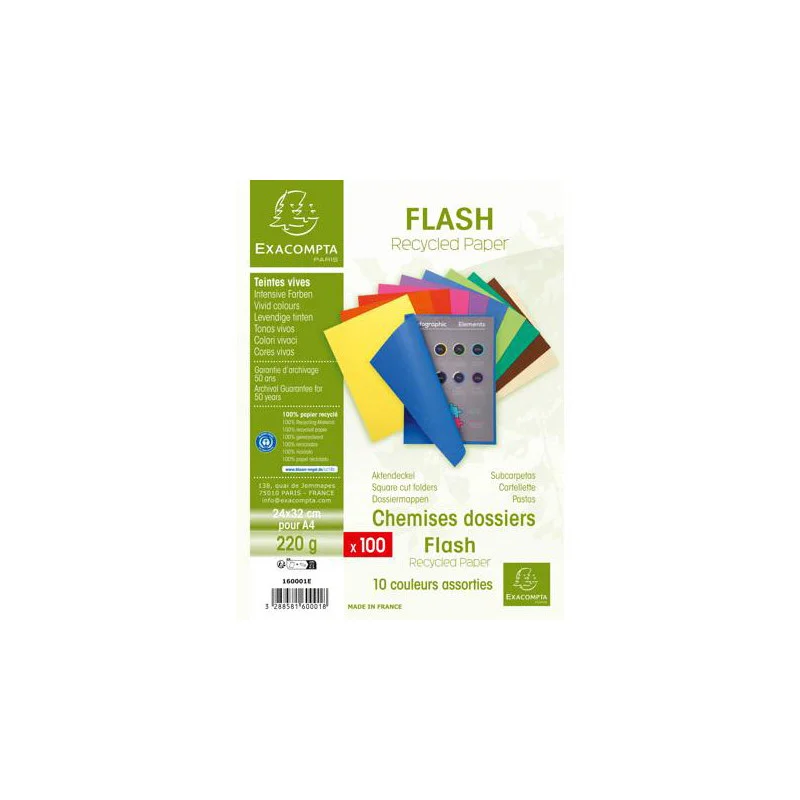 Paquet de 100 chemises FLASH en carte recyclée 220g, coloris assortis