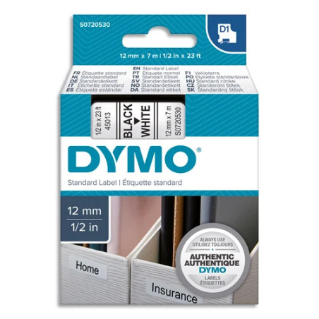 Ruban d'étiquettes auto-adhésives D1 12mmx7m Noir/Blanc - DYMO - 997363
