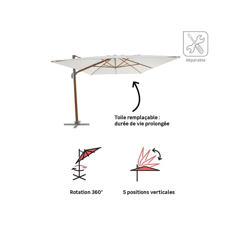Parasol déporté en aluminium effet teck blanc AGORA