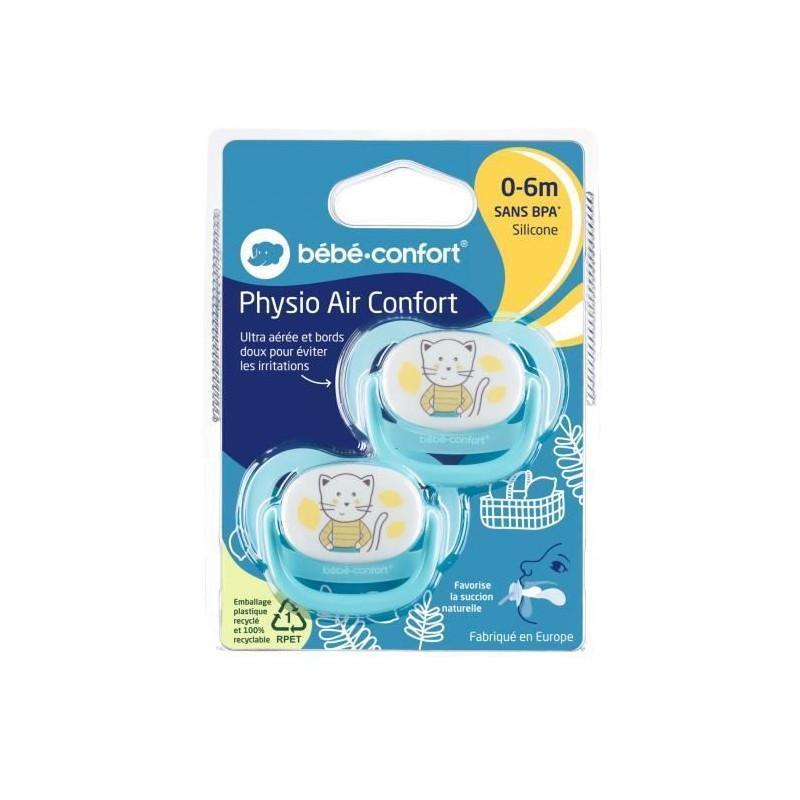 Lot de 2 sucettes Silicone Physio Air Confort 0-6 Mois Bleu/Jaune - BEBE CONFORT - DOR-3104201870
