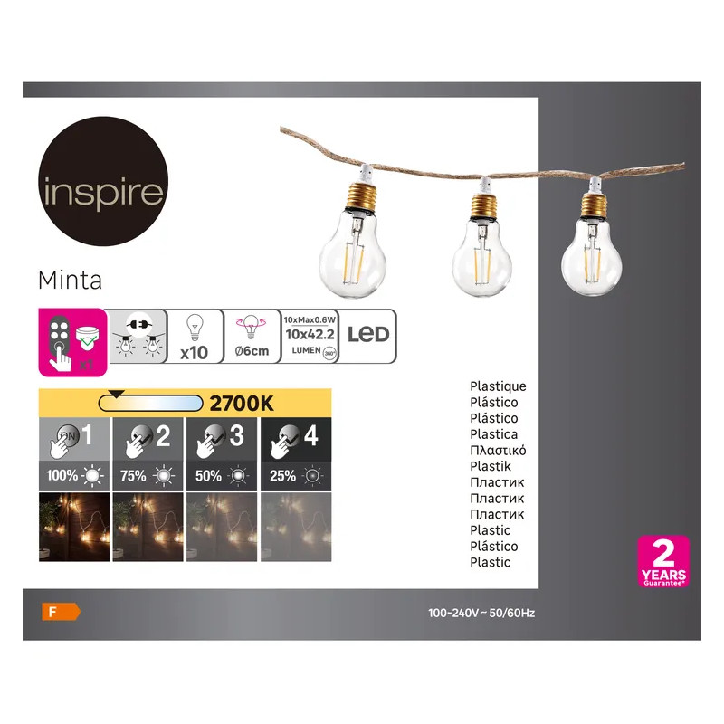 Guirlande extérieure 10ampoules LED blanc chaud intensité variable MINTA