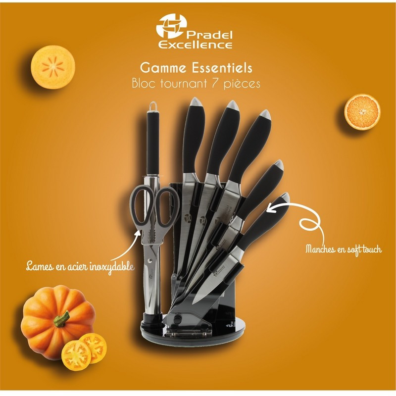 Bloc de couteaux et accessoires tournant 7 pièces Noir/Métal - PRADEL EXCELLENCE
