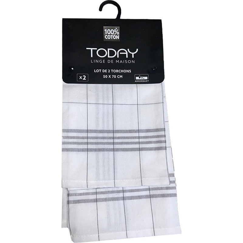 Lot de 2 torchons en coton Essential 50x70cm Blanc/Gris - TODAY