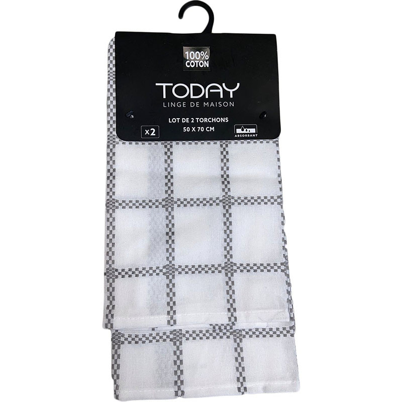 Lot de 2 torchons en coton Essential 50x70cm Blanc/Gris - TODAY