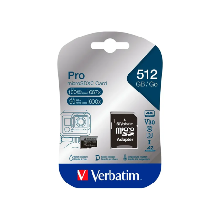 microSDXC Pro 4K 512Go Classe 10 avec adaptateur - VERBATIM - MICSDVERBA4KPRO512
