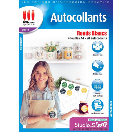 Papier Autocollant A4 Rond 4 cm Blanc – MICRO APPLICATION – 5406