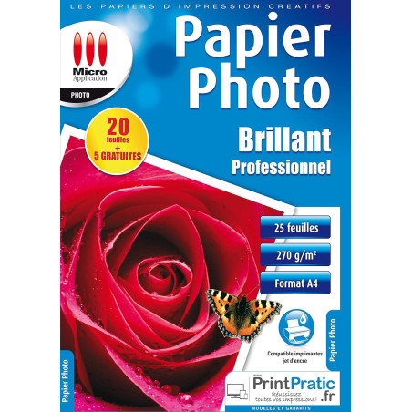 Papier Photo Brillant Professionnel A4 270 g/m² 25 Feuilles Blanc - MICRO APPLICATION - 5079