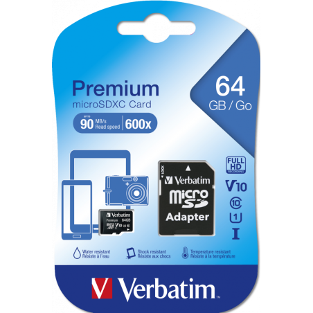 Carte mémoire microSDXC 64Go Classe 10 avec adaptateur Noir - VERBATIM - MICSDVERBA64