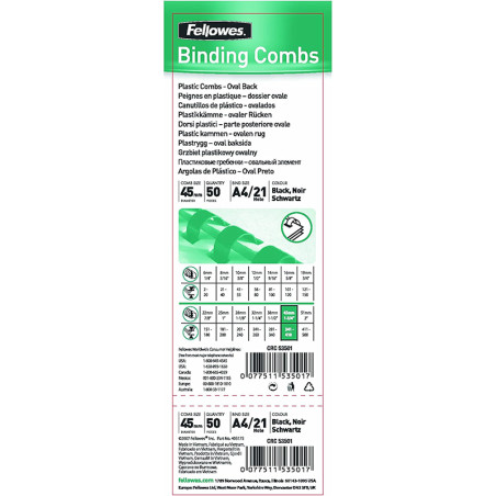 Anneaux de reliure plastique 21 anneaux A4 45 mm Noir - FELLOWES - 5350102