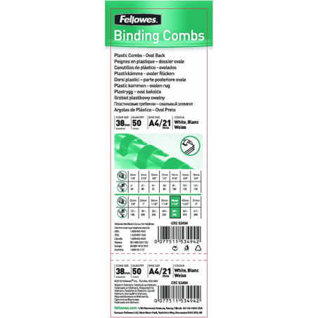 Anneaux de reliure plastique 21 anneaux A4 38 mm Noir - FELLOWES - 5349702