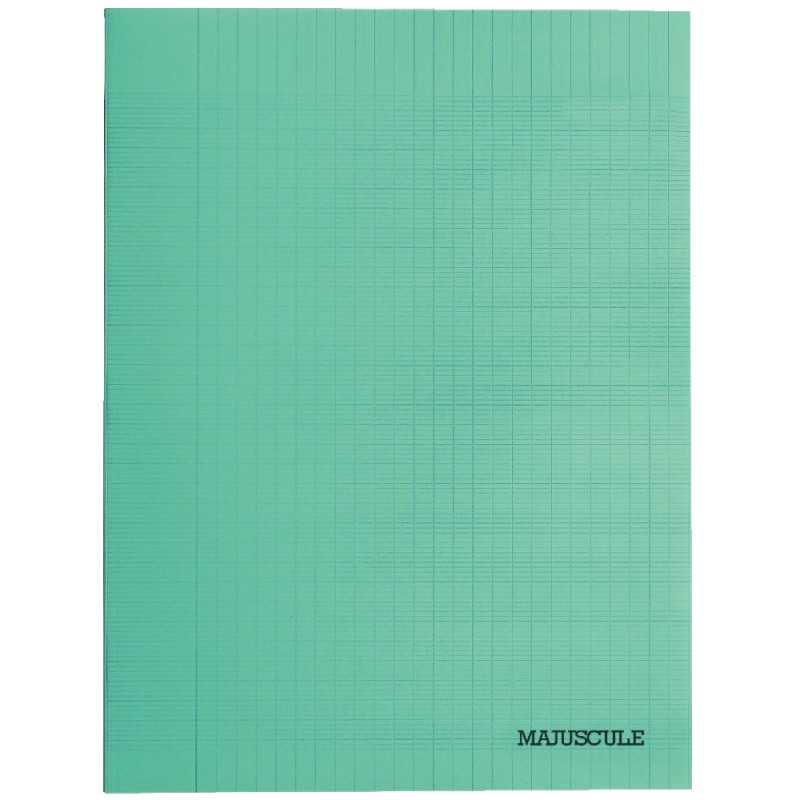 Cahier 140 pages MAJUSCULE, format 24x32 cm, papier blanc 90g, seyès, couverture polypropylène vert