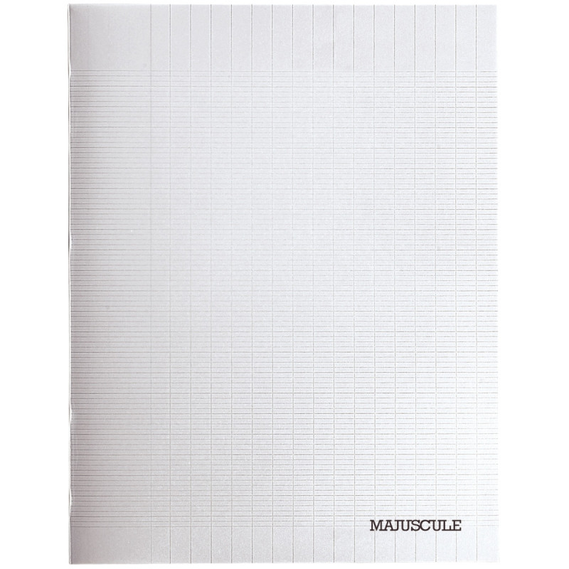 Cahier 48 pages MAJUSCULE, format 24x32 cm, papier blanc 90g, seyès, couverture PP incolore