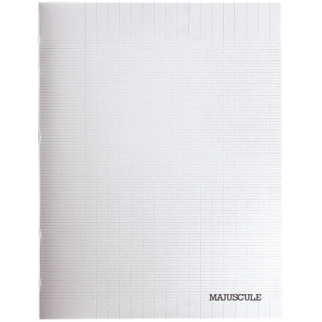 Cahier 48 pages MAJUSCULE, format 24x32 cm, papier blanc 90g, seyès, couverture PP incolore