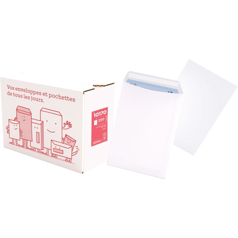 Boite de 250 pochettes blanches 229x324mm 90g bande siliconée