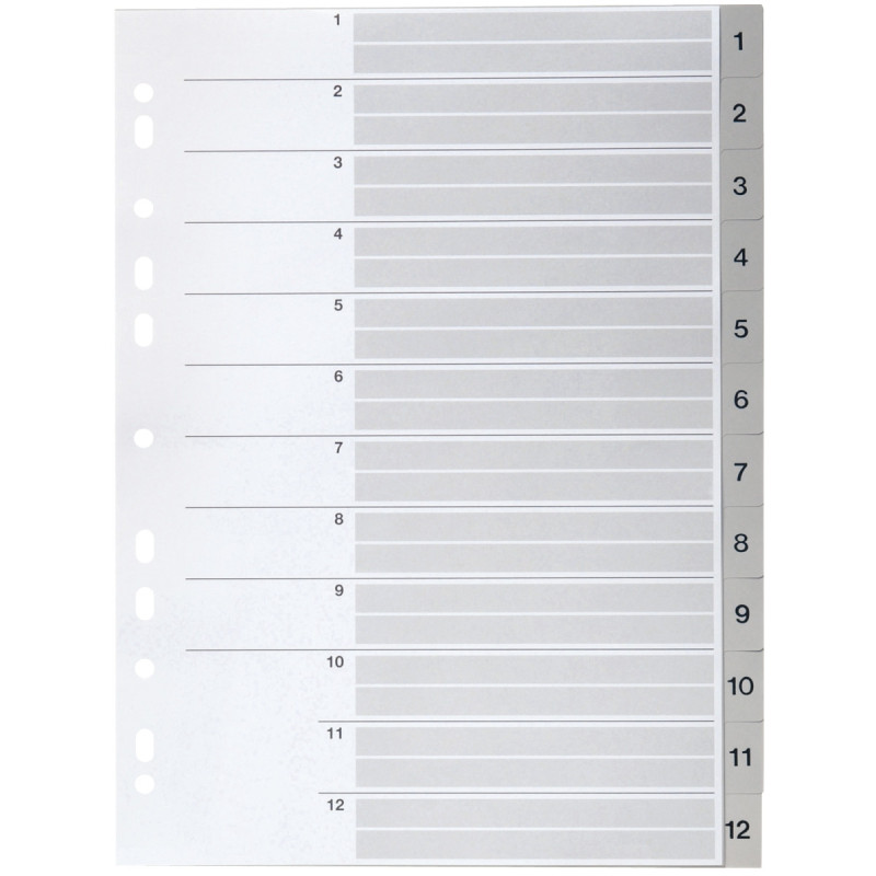 Jeu de 12 intercalaires numériques en polypropylène gris, format A4