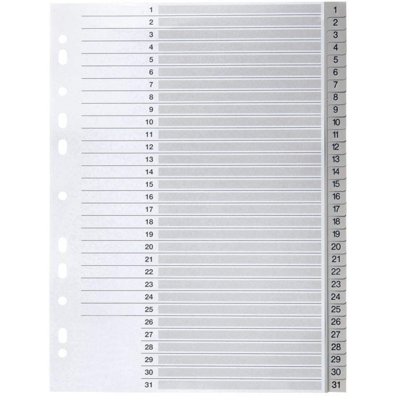Jeu de 31 intercalaires numériques en polypropylène gris, format A4