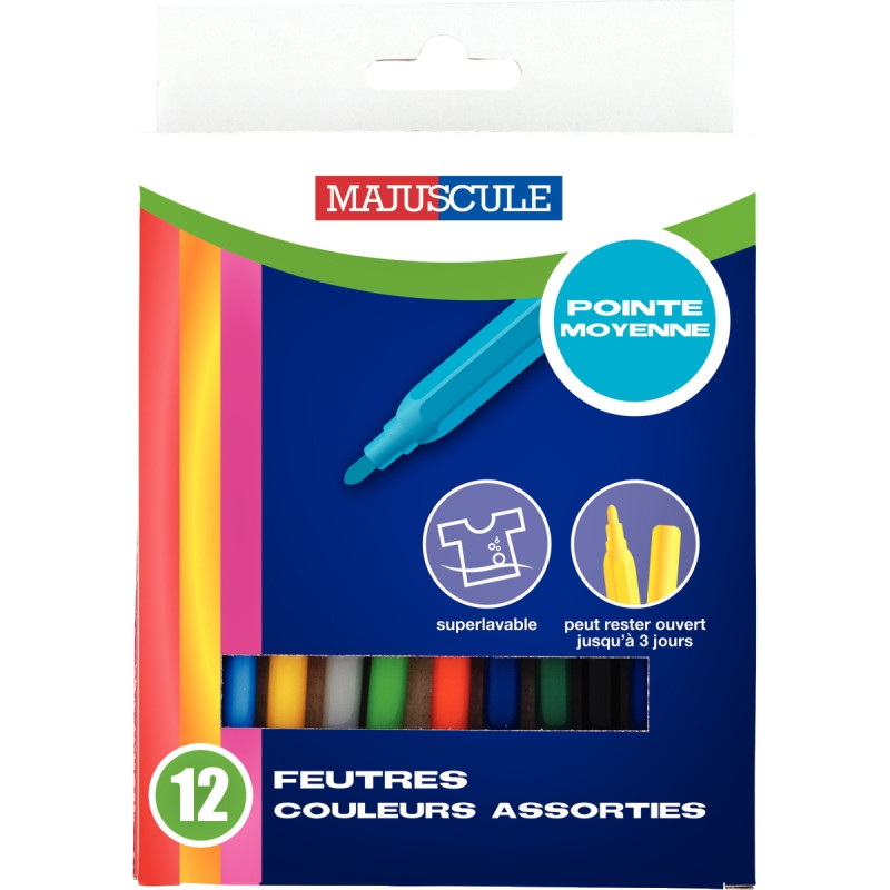 Pochette de 12 feutres Majuscule pointe moyenne assortis