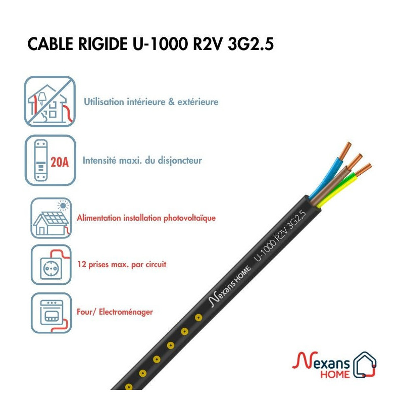 Câble Électrique 3 G 2.5 Mm² U1000R2V L.15 M. Noir