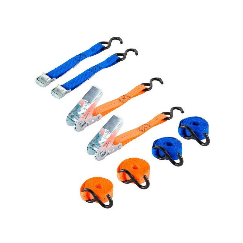 2 sangles à griffes bleu 25mmlot de 2m + 2 Sangles à cliquet orange 25mmx3m. STANDERS