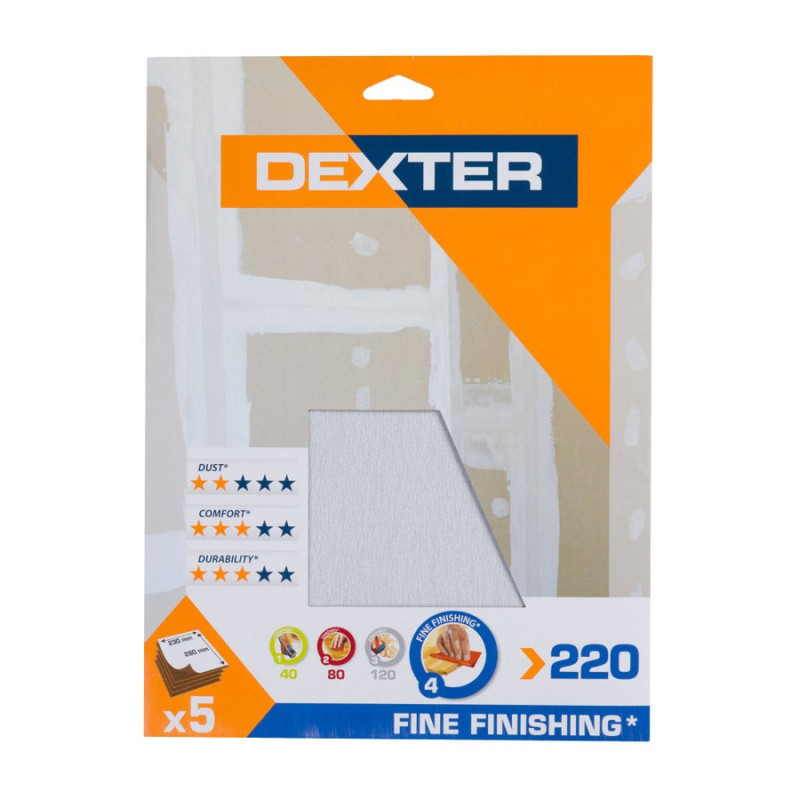 Lot de 5 feuilles abrasives DEXTER pour multiponceuse. grain 220