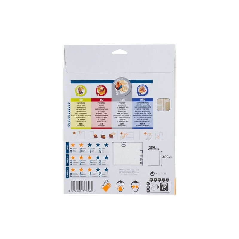 Lot de 5 feuilles abrasives DEXTER. 230 x 280 mm. grain 120