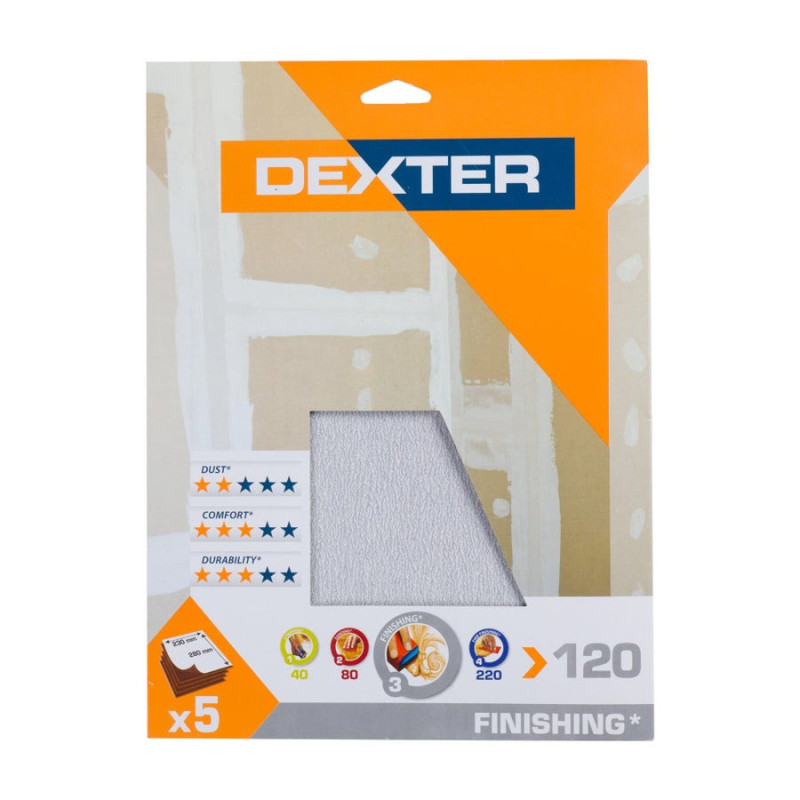 Lot de 5 feuilles abrasives DEXTER. 230 x 280 mm. grain 120