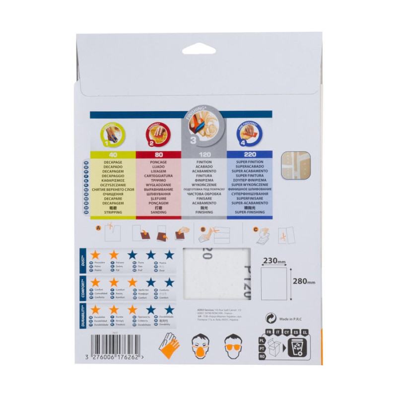 Lot de 5 feuilles abrasives DEXTER. 230 x 280 mm. grain 120