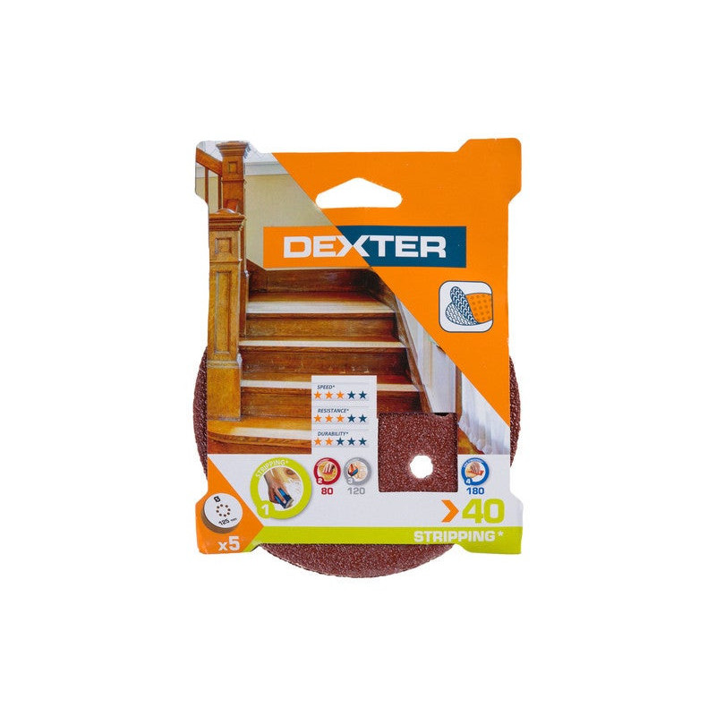Lot de 5 disques abrasifs. DEXTER. l.125.0 x L.125.0 mm grain 40