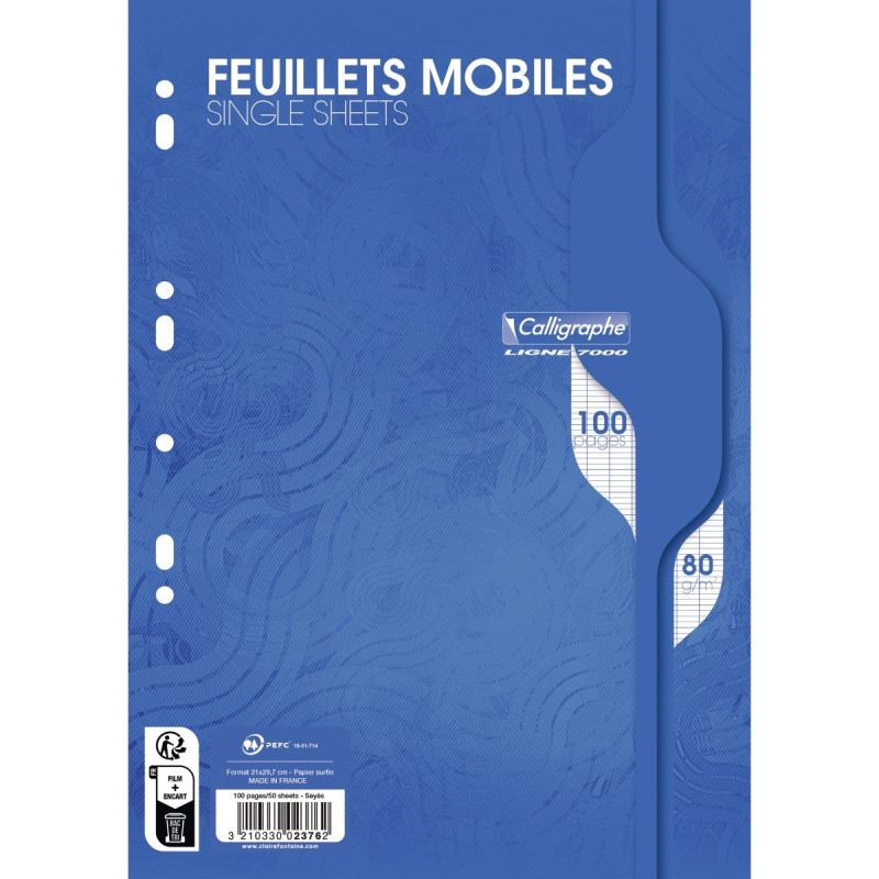 Sachet de 50 feuillets mobiles, format A4, seyès, papier 80g, blanc - CLAIREFONTAINE