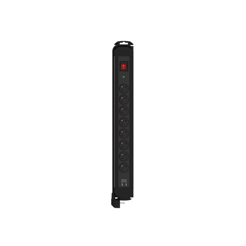 Multiprise 8 prises parafoudre sur socle USB 2m noir, multiprise verticale - cal