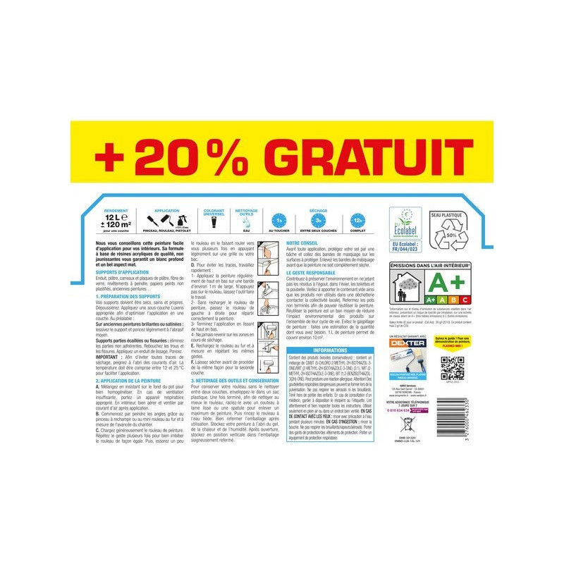Peinture blanc mur LUXENS Séjour et chambre mat 10L+20% gratuit