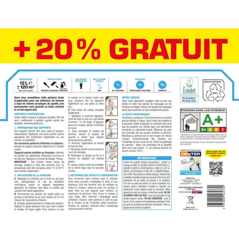 Peinture blanc mur LUXENS Séjour et chambre mat 10L+20% gratuit