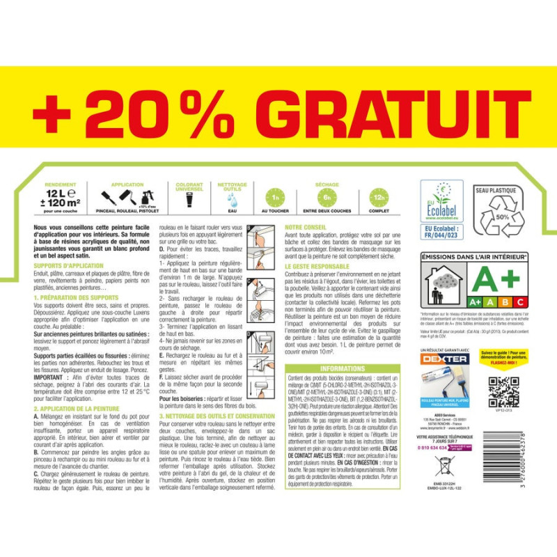 Peinture blanc mur / boiserie LUXENS Séjour et chambre satiné 10L+20% gratuit