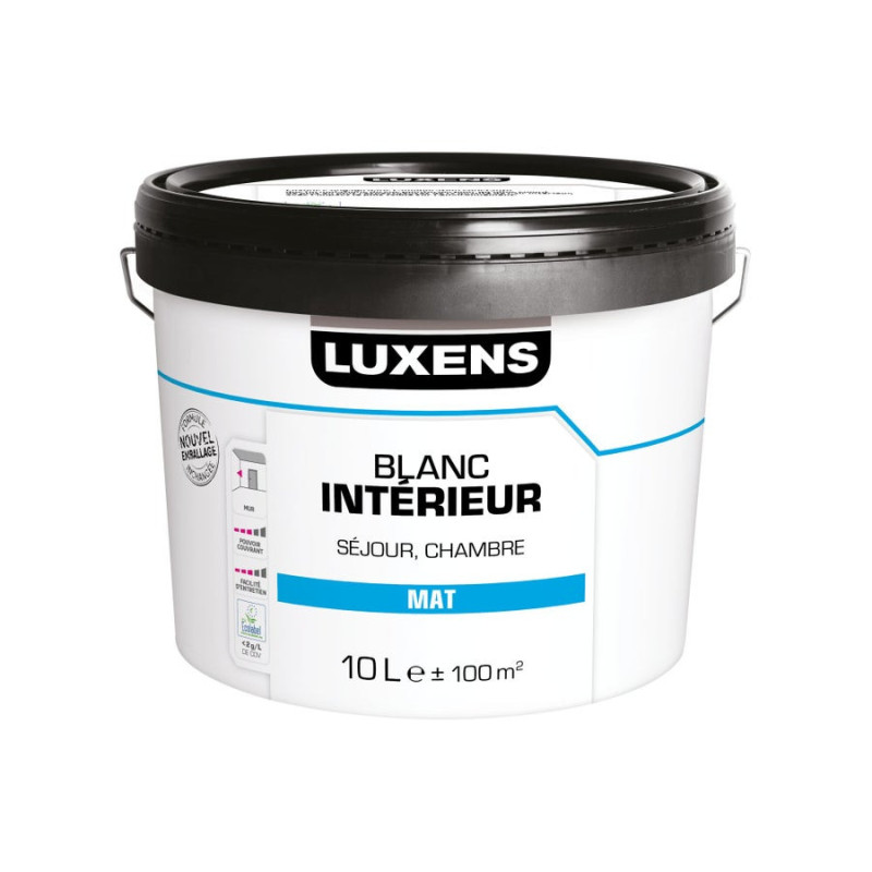 Peinture mur intérieur séjour et chambre. LUXENS. 10 L blanc mat