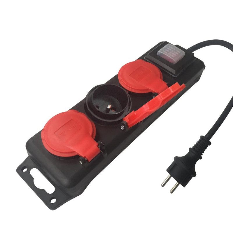 Multiprise Filaire. 3 Prises Noir / Rouge. 2M. Lexman