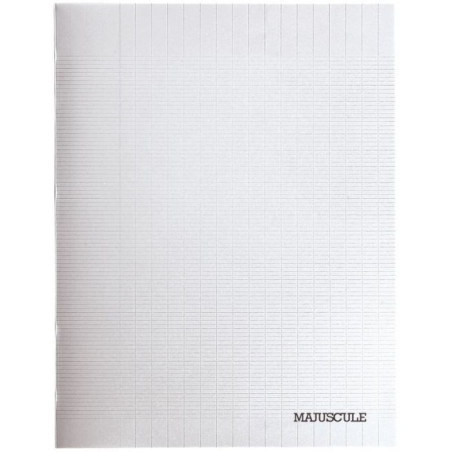 Cahier 64 pages MAJUSCULE, format 17x22 cm, papier blanc 90g, seyès, couverture polypropylène incolore