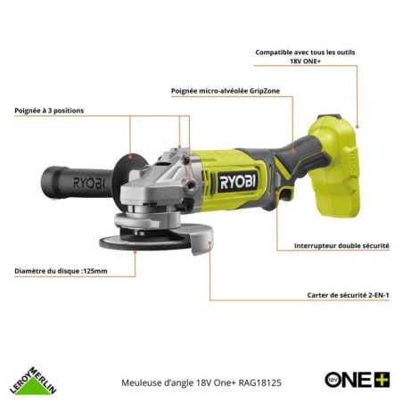 Meuleuse sans fil 125 mm RYOBI Rag18125-0, 18 V