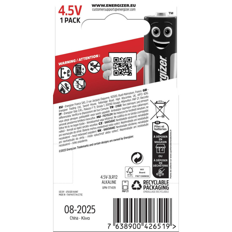 Pile Alcaline Lr12 Max, 4.5 V, Energizer