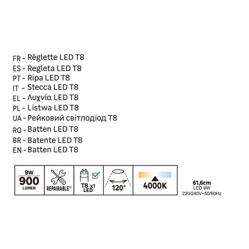 Réglette led tube, t8 63,7cm, 900lm, 4000k, ip20, premier prix