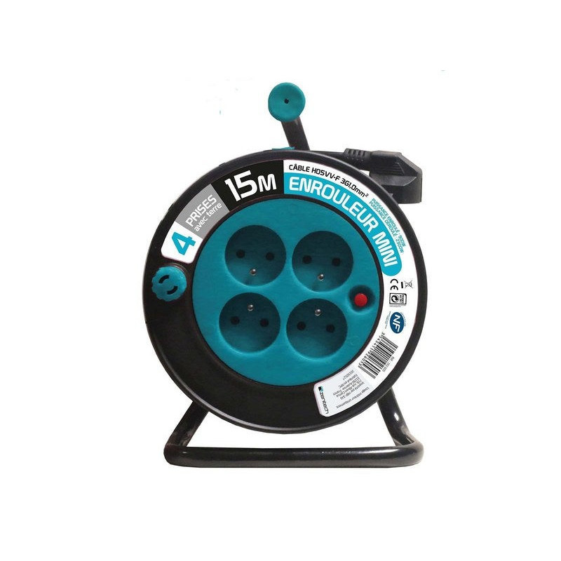 Enrouleur menager compact 4 prises 3g1 15 metres bleu zenitech