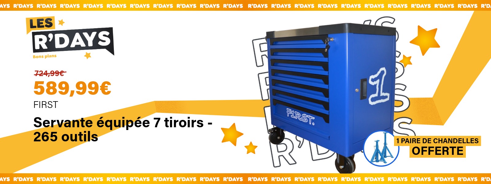 Image : Servante équipée 7 tiroirs, 265 outils - FIRST - +1 paire de chandelles offerte | Ravate.com