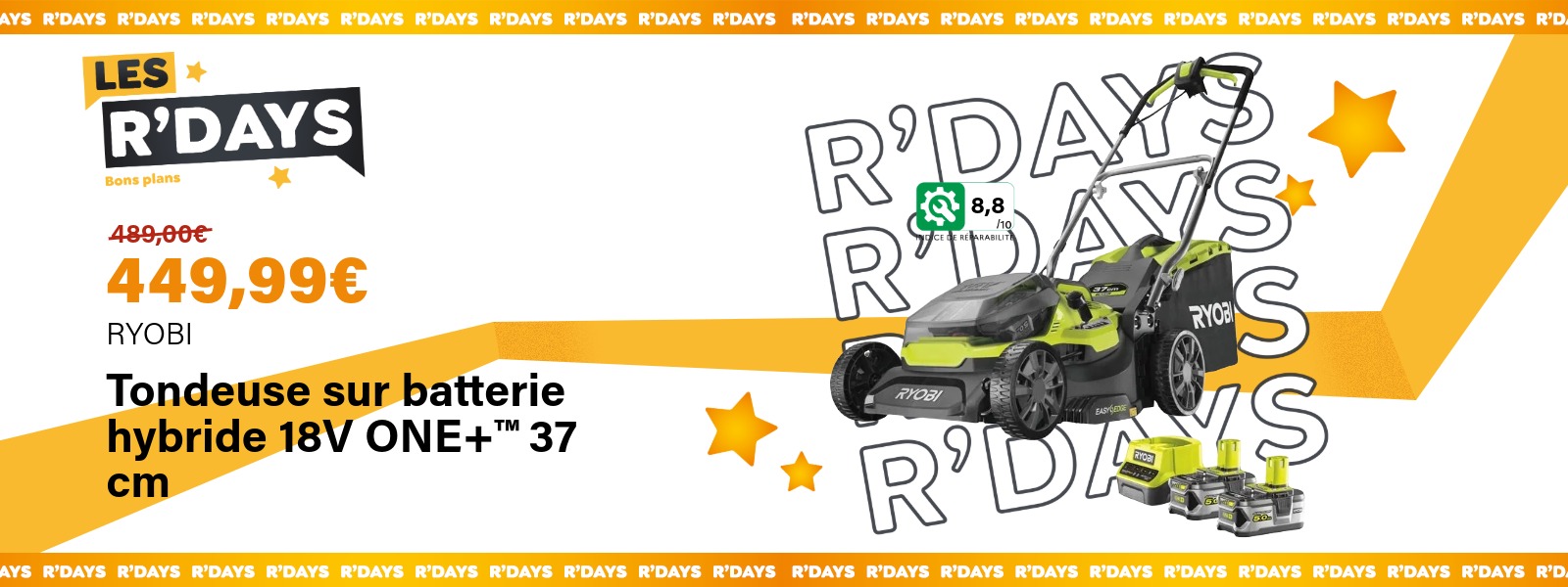 Image : Tondeuse sur batterie hybride 18V ONE+ - Ryobi | Ravate.com