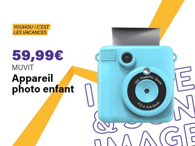 Image : Appareil photo enfant à impression instantanée KidPic bleu - MUVIT | Ravate.com