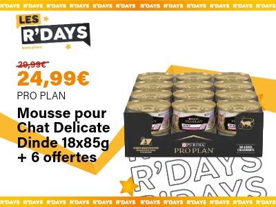 Mousse pour chat Delicate dinde 18x85g + 6 offertes Pro Plan | Ravate.com Image : Mousse pour chat Delicate dinde 18x85g + 6 offertes Pro Plan | Ravate.com